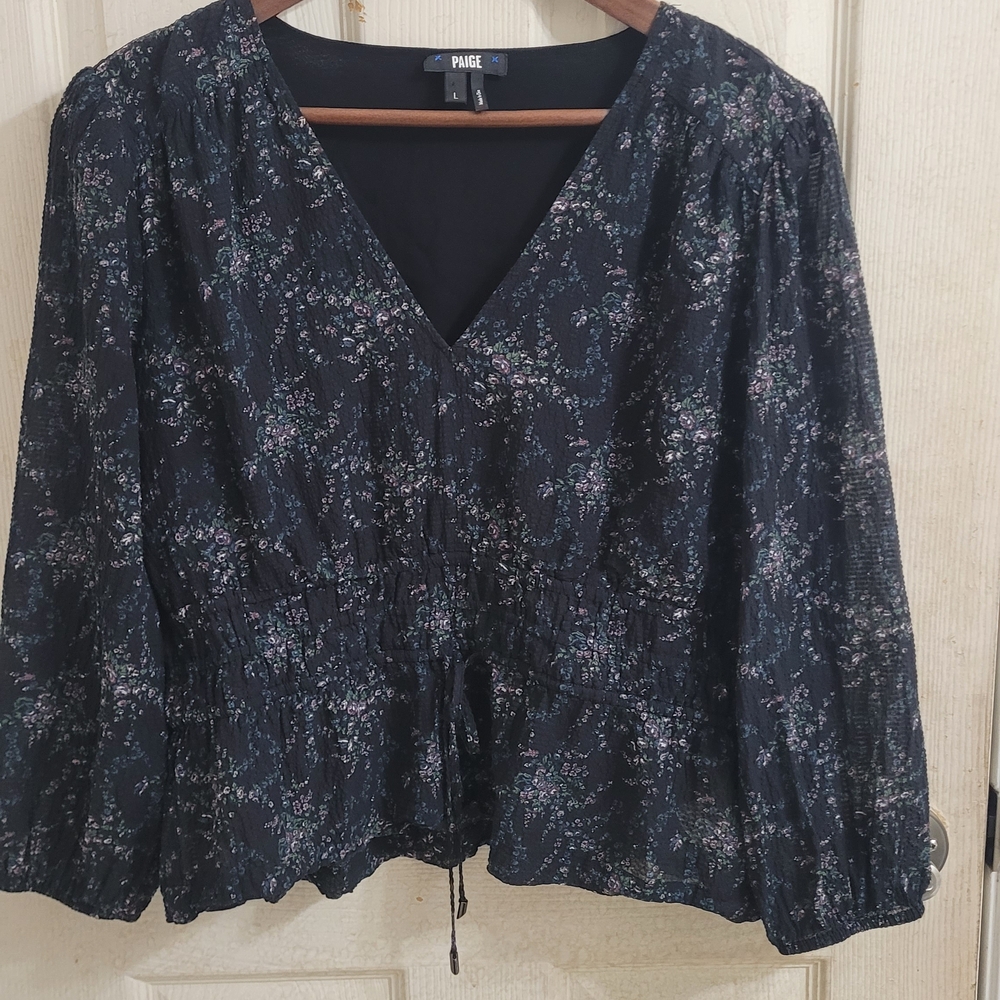 PAIGE Black Floral V-Neck Drawstring Waist Blouse